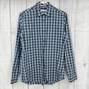 Calvin Klein SMALL (14-14.5) Mens Blue Plaid Non-Iron Fit Button Up Dress Shirt